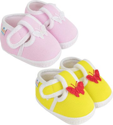 Neska Moda 0 To 6 Months 2 Pair Set Butterfly Velcro Newborn Soft Skin-Friendly Cotton Baby Booties(Toe to Heel Length - 10 cm, Baby Pink, Yellow)