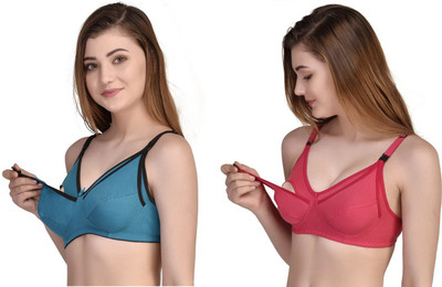 Desiprime B Cup Poly Cotton Feeding Bra Set of 2 Women Maternity/Nursing Non Padded Bra(Blue, Pink)