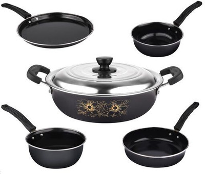 Maharajee Cookware Set of 5 Pcs with LID Induction Bottom Non-Stick Coated Cookware Set(Aluminium, 6 - Piece)