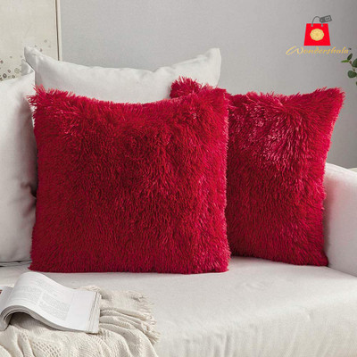 Wondershala Red cushions fur pillow sofa cushions Microfibre Solid Cushion Pack of 2(Red)