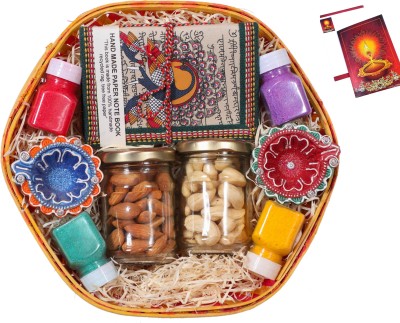 MANTOUSS Diwali Gift hampers with Dry Fruits/Dry Fruits Combo Pack/Dry fruits gift pack-Decorated Basket+2 Jars of Dry Fruits(Almond and Cashew)+handmade diary+2 designer Diya+4 Rangoli Colours+Diwali Card Assorted Gift Box(Multicolor)