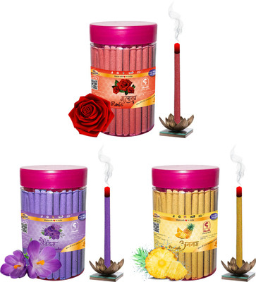 Shankh Rose, Lavender & Pineapple Dhoop Stick (Incense Stick) Pack of 300 gram (100 + 100 + 100) Fragrances Rose, Lavender, Pineapple(100 g, Set of 3)