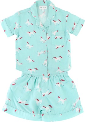 Wear We Met Kids Nightwear Girls Printed Polyester Blend(Light Blue Pack of 1)