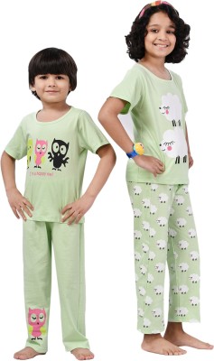 Dreamstory Kids Nightwear Girls Graphic Print Cotton Blend(Multicolor Pack of 2)