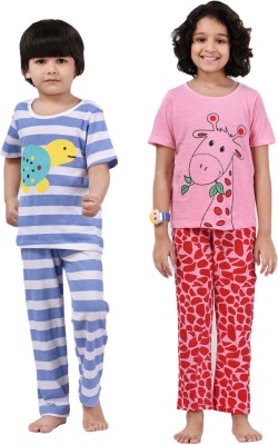 Dreamstory Kids Nightwear Girls Graphic Print, Striped Cotton Blend(Multicolor Pack of 2)