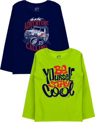x2o Boys Graphic Print Pure Cotton Regular T Shirt(Green, Pack of 2)