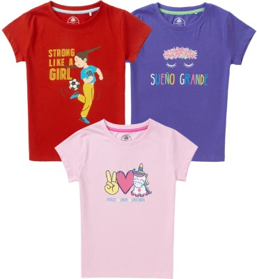 Cub McPaws Girls Graphic Print Cotton Blend T Shirt(Multicolor, Pack of 3)