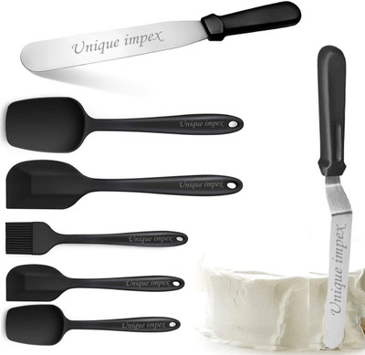 Unique Impex Non Stick Silicone Spatula, 5 Piece Rubber-Silicone Spatula/Spoons/Brush Set 450ºF Heat Resistant for Nonstick Cookware Baking Cooking Mixing, Healthy & Non Toxic, Seamless One Piece & Non Stick - Easy to Clean - Dishwasher Safe - 2 Pcs ( Palett + Angular-13 inch Knife) Multi-Function S