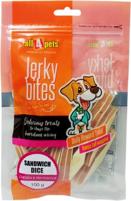All4pets Jerky Bites – Sandwich Dice (Chicken & Fish Flavour) – 100g Chicken, Fish Dog Treat(100 g)