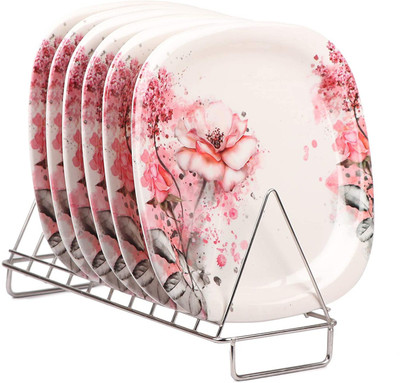 Golden Fish Unbreakable Melamine Square Full Size Rose Printed Dinner Plates (Set of 6) (GFNP-S-4) Dinner Plate(Pack of 6)