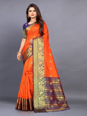 Harekrishna creation Woven Banarasi Jacquard, Cotton Silk Saree(Purple, Gold, Orange)