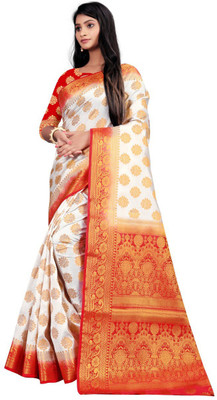 Taksh Creation Self Design Kanjivaram Art Silk Saree(White)