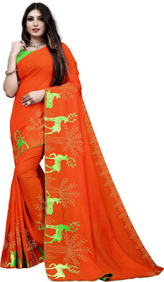 pUNYATHA CREATION Animal Print Bollywood Pure Silk Saree(Orange)