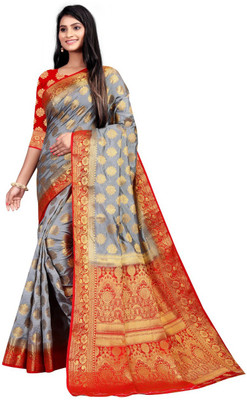 Taksh Creation Woven, Embellished Kanjivaram Silk Blend, Jacquard Saree(Grey)