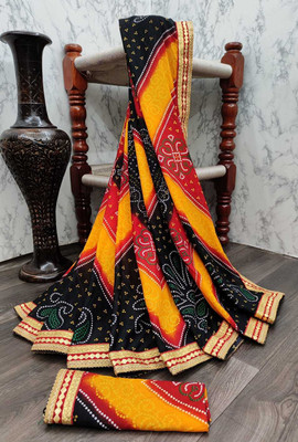 Kanooda Prints Printed Bandhani Georgette Saree(Multicolor)