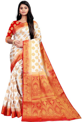 Taksh Creation Woven Kanjivaram Art Silk Saree(White)
