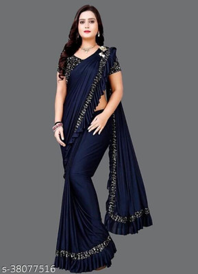 S S CREATION Embellished Bollywood Lycra Blend Saree(Dark Blue)