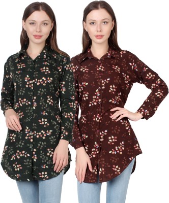 Giggles Women Floral Print Casual Green Shirt(Pack of 2)