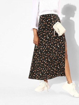 Berrylush Floral Print Women Straight Black Skirt