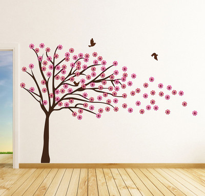 LANSTICK 96.52 cm TREE WITH FLOWER INSTEAD LEAVES BIRDS STICKER Self Adhesive Sticker(Pack of 1)