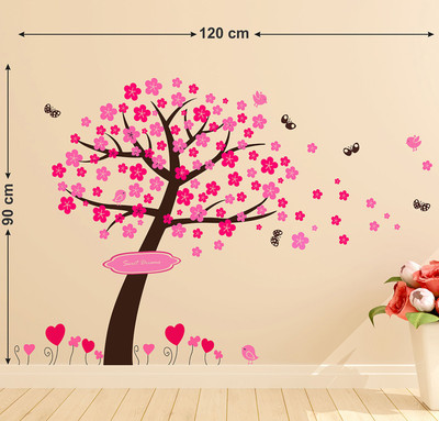 WALLDECORS 81.28 cm TREE WITH COLORFUL LEAVES AND BUTTERFLIES STICKER Self Adhesive Sticker(Pack of 1)