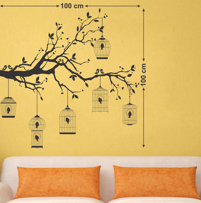 WALLDECORS 81.28 cm TREE WITH BIRDS IN CAGE STICKER Self Adhesive Sticker(Pack of 1)
