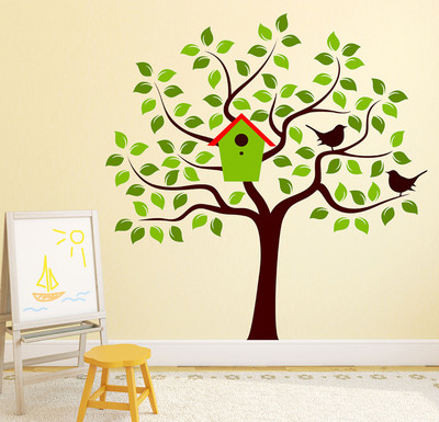 WALLDECORS 81.28 cm TREE WITH BIRDS AND ITS HOME STICKER Self Adhesive Sticker(Pack of 1)