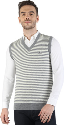 MONTE CARLO Striped V Neck Casual Men Grey, White Sweater