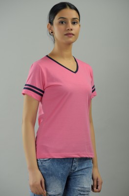 BASE 41 Solid Women V Neck Pink T-Shirt