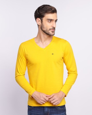 BERRYBLUES Solid Men Round Neck Yellow T-Shirt