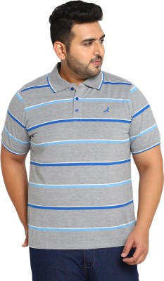 American Crew Striped Men Polo Neck Grey, Blue, White T-Shirt