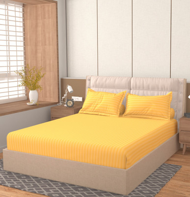 HIDECOR 260 TC Polycotton Double Striped Flat Bedsheet(Pack of 1, Yellow)