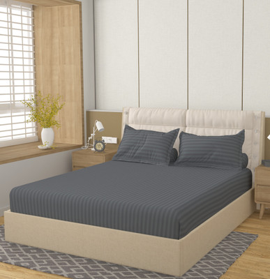 HIDECOR 260 TC Polycotton Double Striped Flat Bedsheet(Pack of 1, Grey)