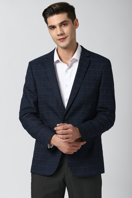 PETER ENGLAND Checkered Single Breasted Formal Men Blazer(Dark Blue)