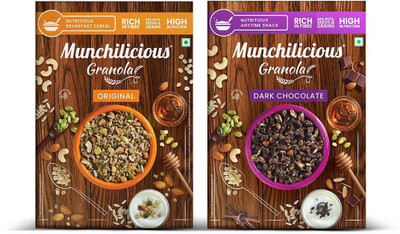 MUNCHILICIOUS Gluten Free Granola Breakfast Cereal - Original & Dark Chocolate, 500g each | Healthy, No Added Sugar, No Preservatives(1 kg, Box, Pack of 2)