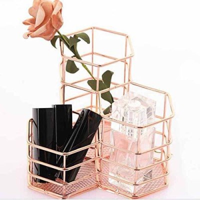 appigo 3 Compartments Metal Rose Gold Hexagon Vase Metal Mesh Basket Desk Organizer Pen Holder(Rose Gold)