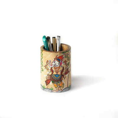 Tailos 1 Compartments Rosewood Sheesham Wooden Hand Crafted- Lord Ganesha Ganpati Bappa Painted (Pattachitra Ancient Art) Desk Table Organizer Multipurpose Wooden Pen Stand & Pencil Holder For Office, Home, Student (These Paintings are Based on Hindu Mythology) Pattachitra is a Traditional Painting 