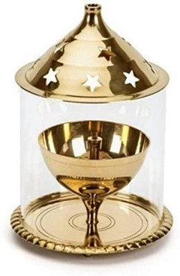 A J Brass Akhand Diya with Borosilicate Glass (Brass Diya) Brass Table Diya(Height: 4.8 inch)