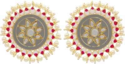 Ashmita Creation Floral Enamelled Kundan Pearl Studded Gold Toned Oversize Stud Earring Zinc Stud Earring