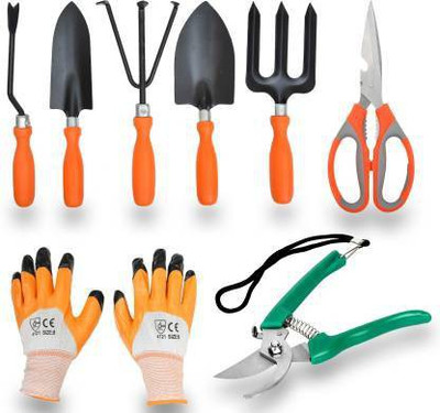 IBEX Set of 8- Trowel Set of 5, Pruner, Multipurpose Scissor & Gloves Garden Tool Kit(7 Tools)
