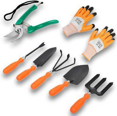 JetFire Gardening Tool Set of 7- Trowel Set of 5, Pruner(Secateurs) & Multipurpose Gloves Garden Tool Kit(7 Tools)