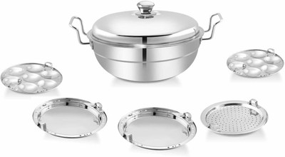 WAYMORE All-in-One Big Size Stainless Steel IdliCooker Multi Purpose Kadai Steamer with Induction Bottom Multi Kadai with 5 Plates Big Size 2 Idli | 2 Dhokla | 1 Patra, Momo’s Induction & Standard Idli Maker(5 Plates , 14 Idlis )