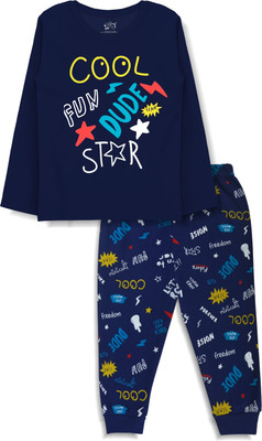 x2o Kids Nightwear Boys & Girls Printed Cotton Blend(Dark Blue Pack of 1)