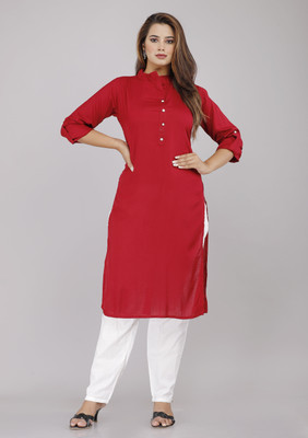 PRAYAN Women Solid Straight Kurta(Maroon)