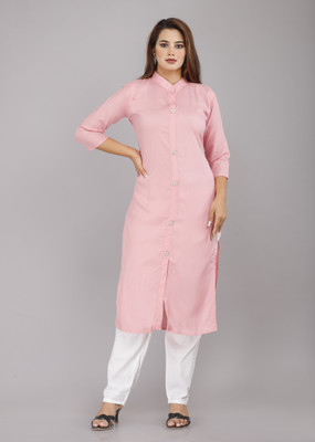 PRAYAN Women Solid Straight Kurta(Pink)