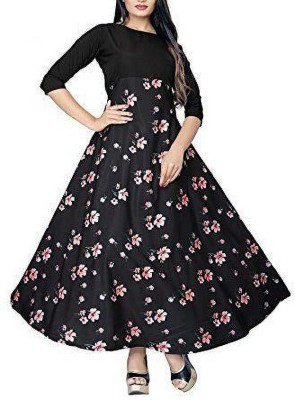 NOWT Women Printed Anarkali Kurta(Black)