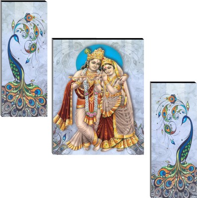 Indianara Set of 3 Radha Krishna with Peacock Art MDF Art Painting (3730FL) without glass (4.5 X 12, 9 X 12, 4.5 X 12 INCH) Digital Reprint 12 inch x 18 inch Painting(With Frame, Pack of 3)