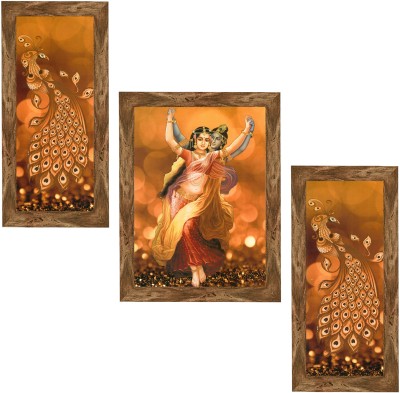 Indianara Set of 3 Radha Krishna with Peacock Framed Art Painting (3731WNT) without glass (6 X 13, 10.2 X 13, 6 X 13 INCH) Digital Reprint 13 inch x 10.2 inch Painting(With Frame, Pack of 3)