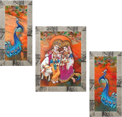 Indianara Set of 3 Radha Krishna with Peacock Framed Art Painting (3733MW) without glass (6 X 13, 10.2 X 13, 6 X 13 INCH) Digital Reprint 13 inch x 10.2 inch Painting(With Frame, Pack of 3)