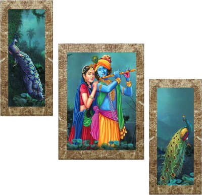 Indianara Set of 3 Radha Krishna with Peacock Framed Art Painting (3729MBR) without glass (6 X 13, 10.2 X 13, 6 X 13 INCH) Digital Reprint 13 inch x 10.2 inch Painting(With Frame, Pack of 3)